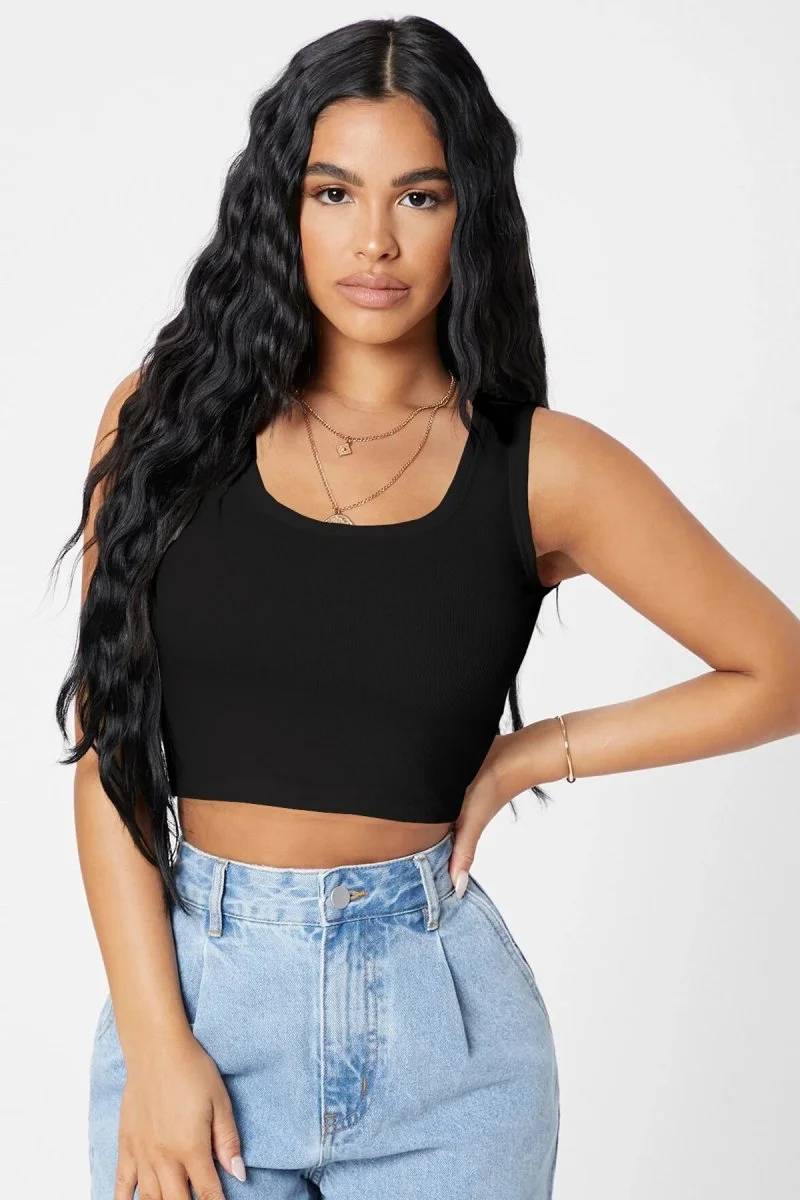 Kadın Siyah Kare Yaka Crop Top Bluz