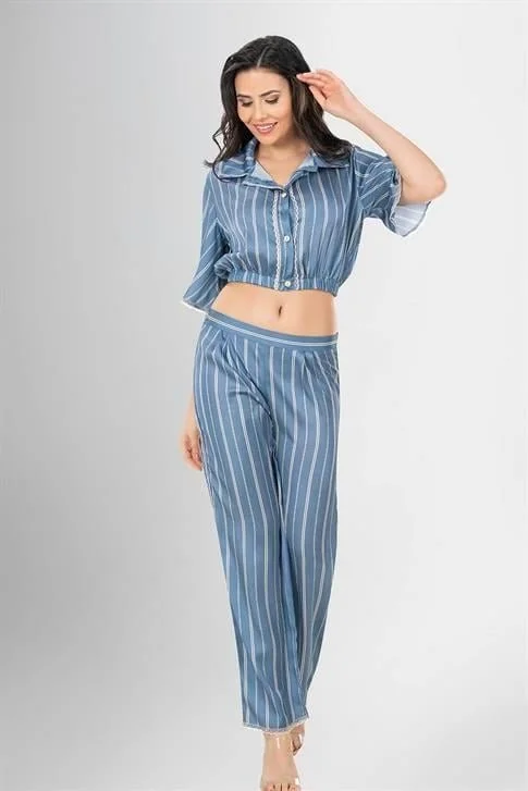 2'li Desenli Saten Pijama Takımı