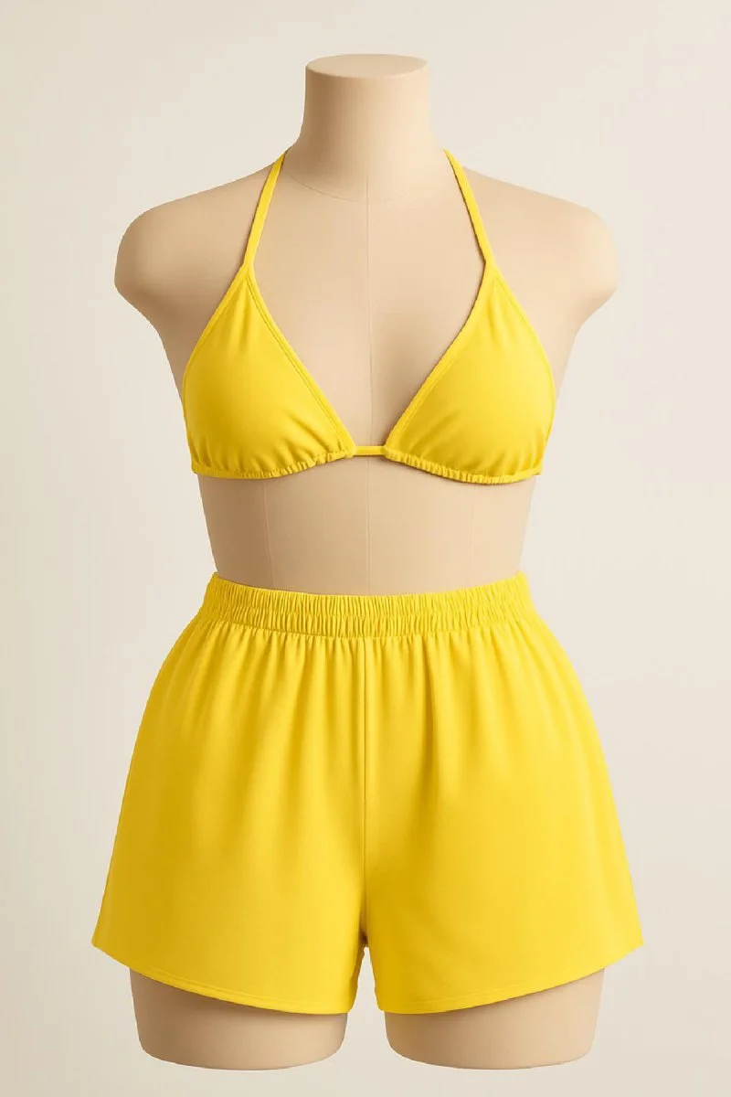 Kadın Sarı Şortlu Belden Ve Boyundan Bağlamalı Bikini Takımı