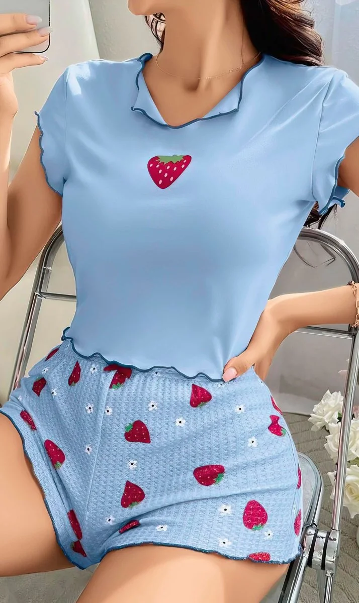 Kadın Çilek Desenli Bebe Mavi Seksi Gecelik Takım 6638