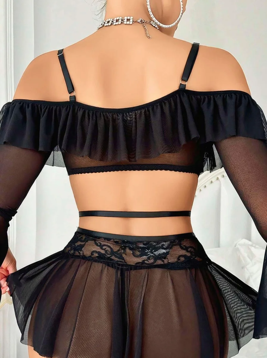 Kadın Siyah Etek Bustiyer Sexy Gecelik Takım 3831