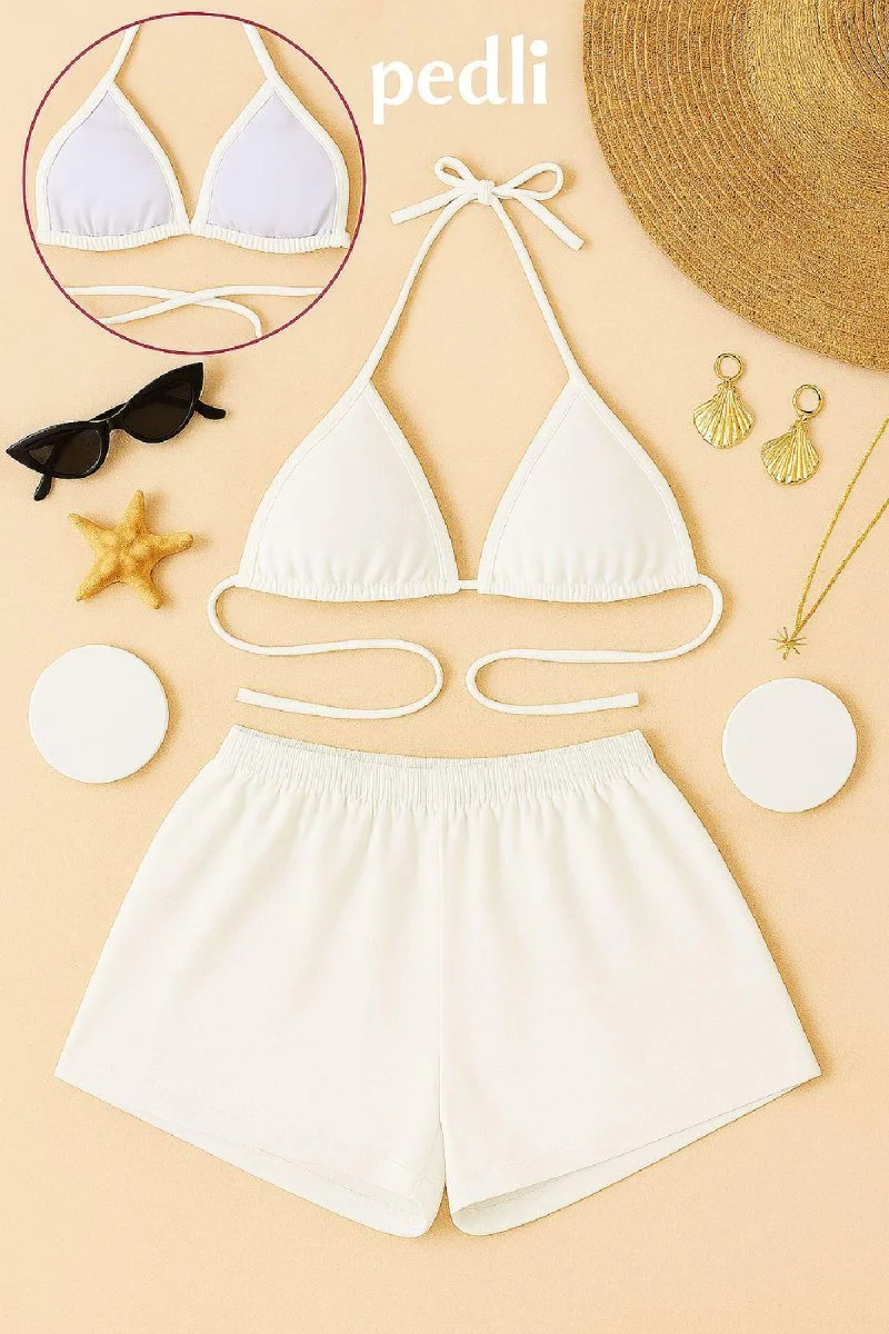 Kadın Beyaz Şortlu Belden Ve Boyundan Bağlamalı Bikini Takımı