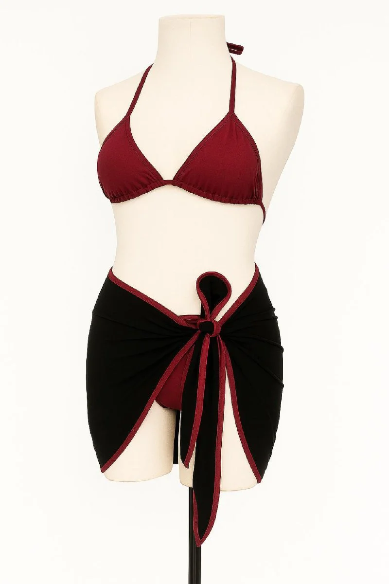 Kadın Bordo Siyah Pareolu Yandan Ve Boyundan Bağlamalı 3'lü Bikini Takımı