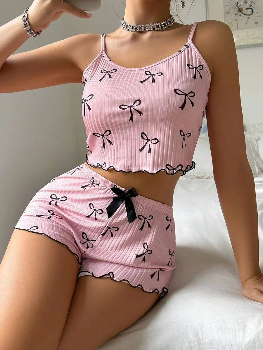 Kadın Siyah  Fiyonklu Şortlu Takım Mini Pembe Rahat