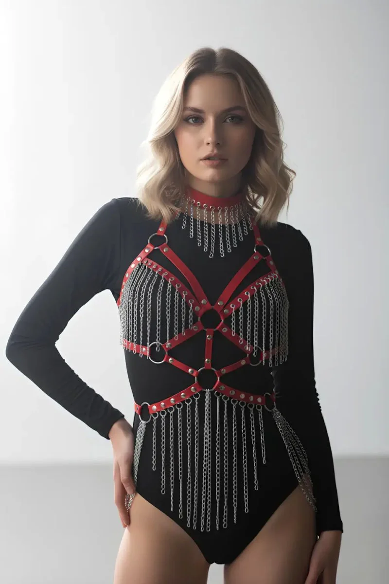 Deri Ve Zincir Detaylı Harness Takım, Deri Dansçı Kostüm, Choker Detaylı Deri Harness - Brf1397
