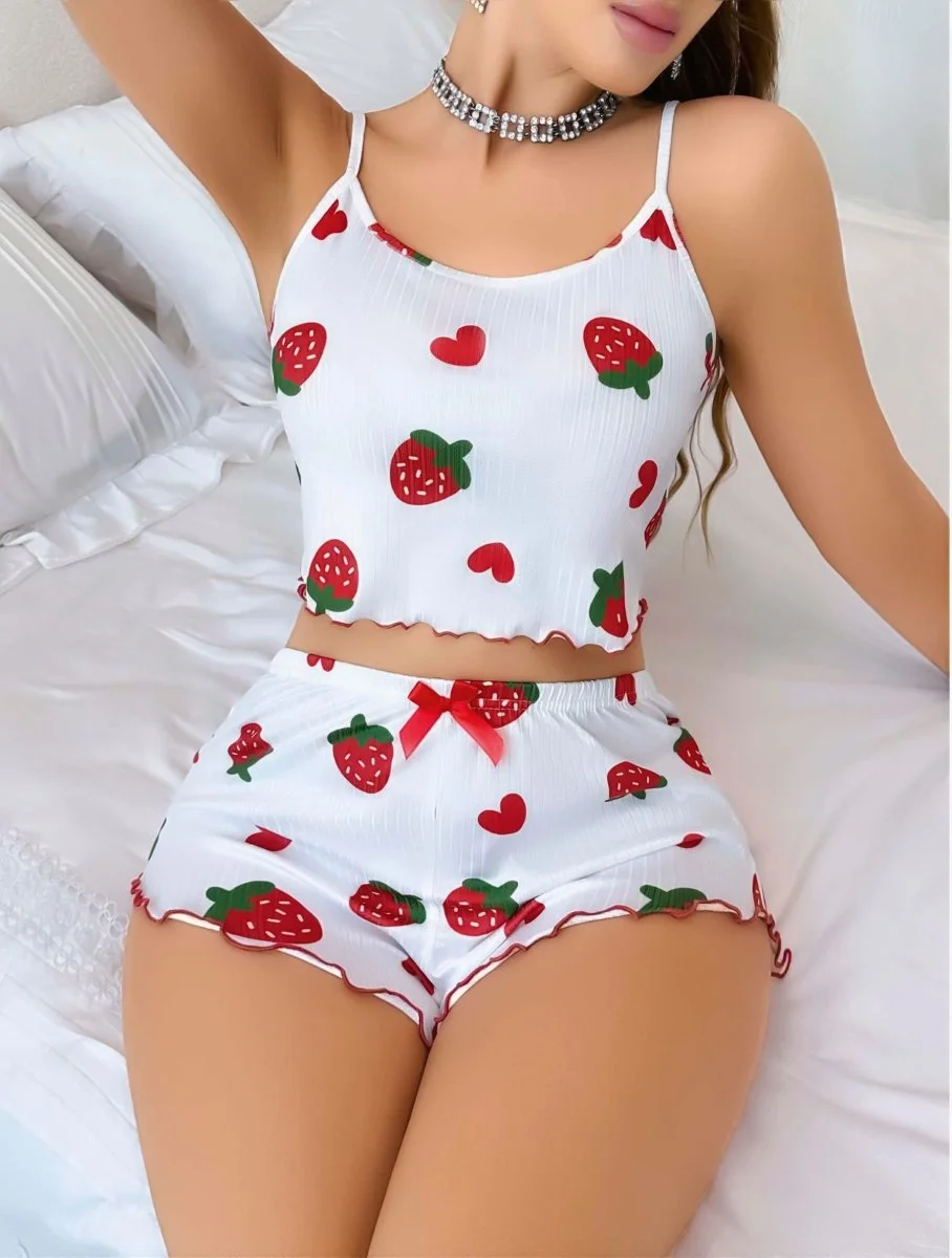 Kadın Beyaz Çilek Desenli Şortlu Pijama Takımı 5053