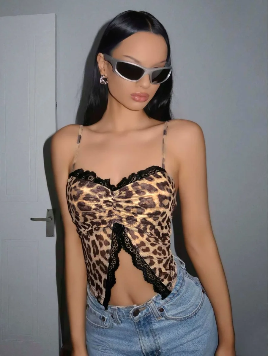 Kadın Leopar Desenli Crop Önden Dantel Detaylı 5095