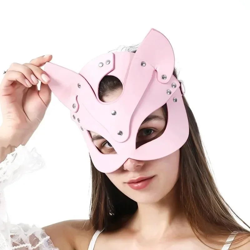 Fantezi Deri Seksi Pembe Kedi Maske Kelepçe Kırbaç Seti ( 3'lü Set)