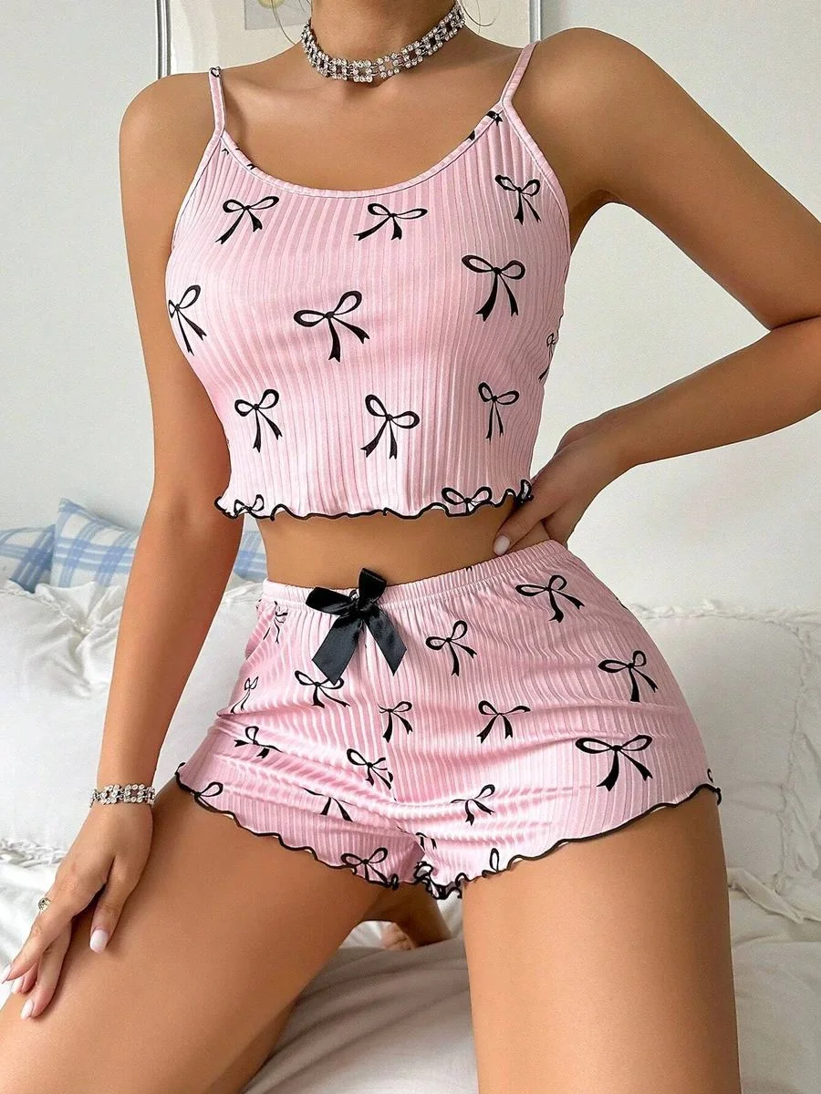 Pembe Fiyonklu Askılı Şortlu Kadın Pijama Takımı, Yumuşak Kumaş, Şık Detaylar,yazlık Kadın Pijama