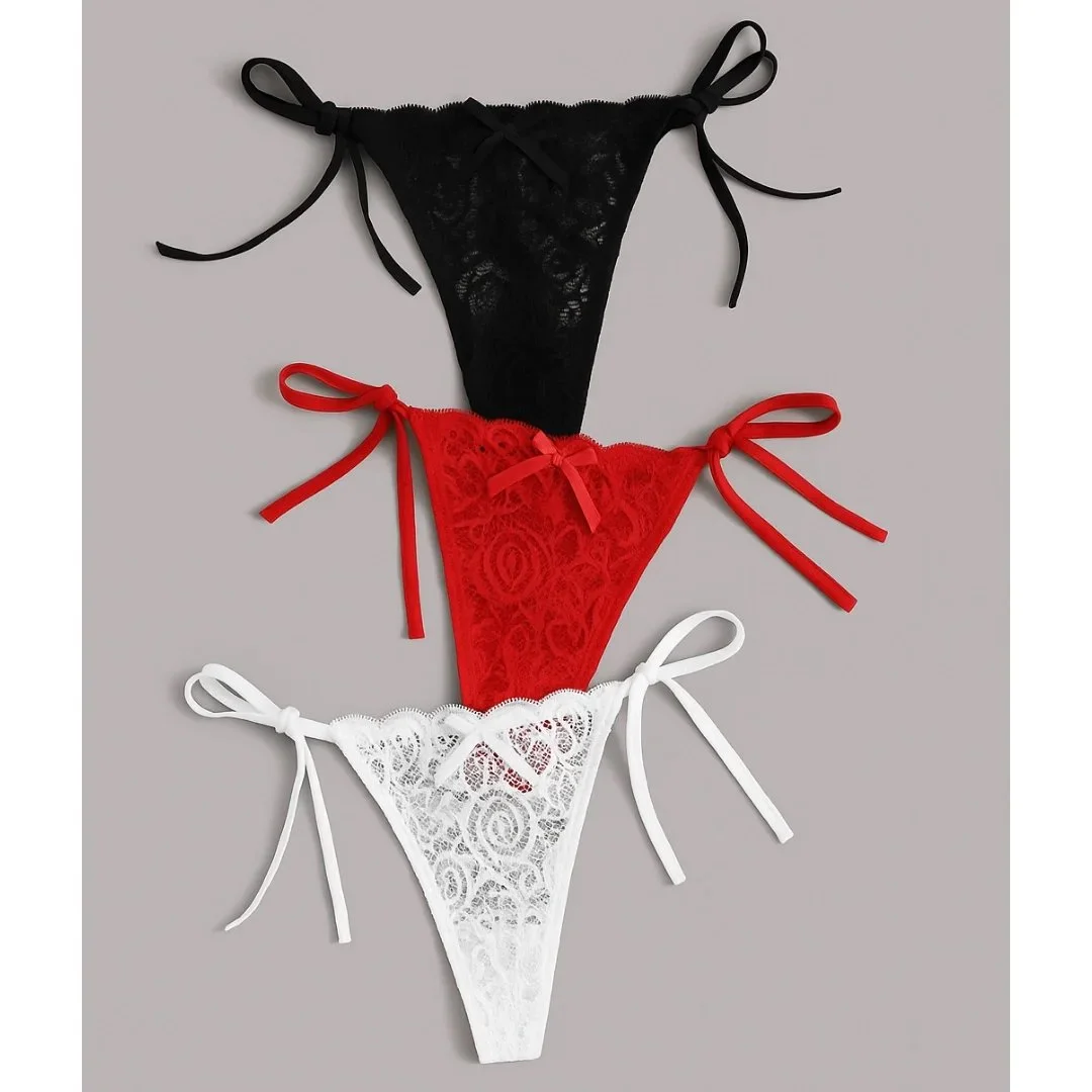 Kadın 3'lü Dantelli Yandan Bağlamalı Seksi Tanga