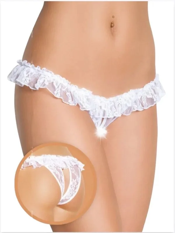 Fantezi Üstü Fırfırlı Ağı Açık Beyaz Dantel Tanga - String