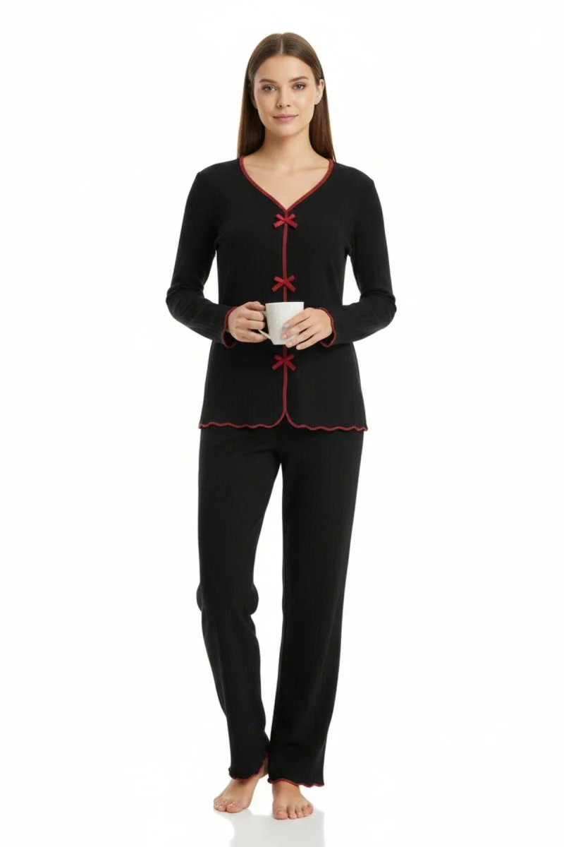 Premium Kadın 4’lü Fitilli Set – Siyah Kırmızı Biyeli (pijama Üst, Pantolon, Bikini Takımı)