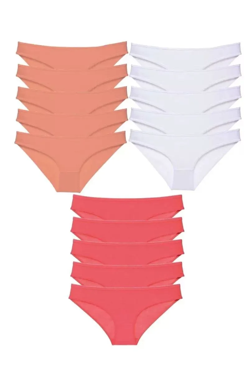 15 Adet Süper Eko Set Likralı Kadın Slip Külot Pudra Beyaz Fuşya