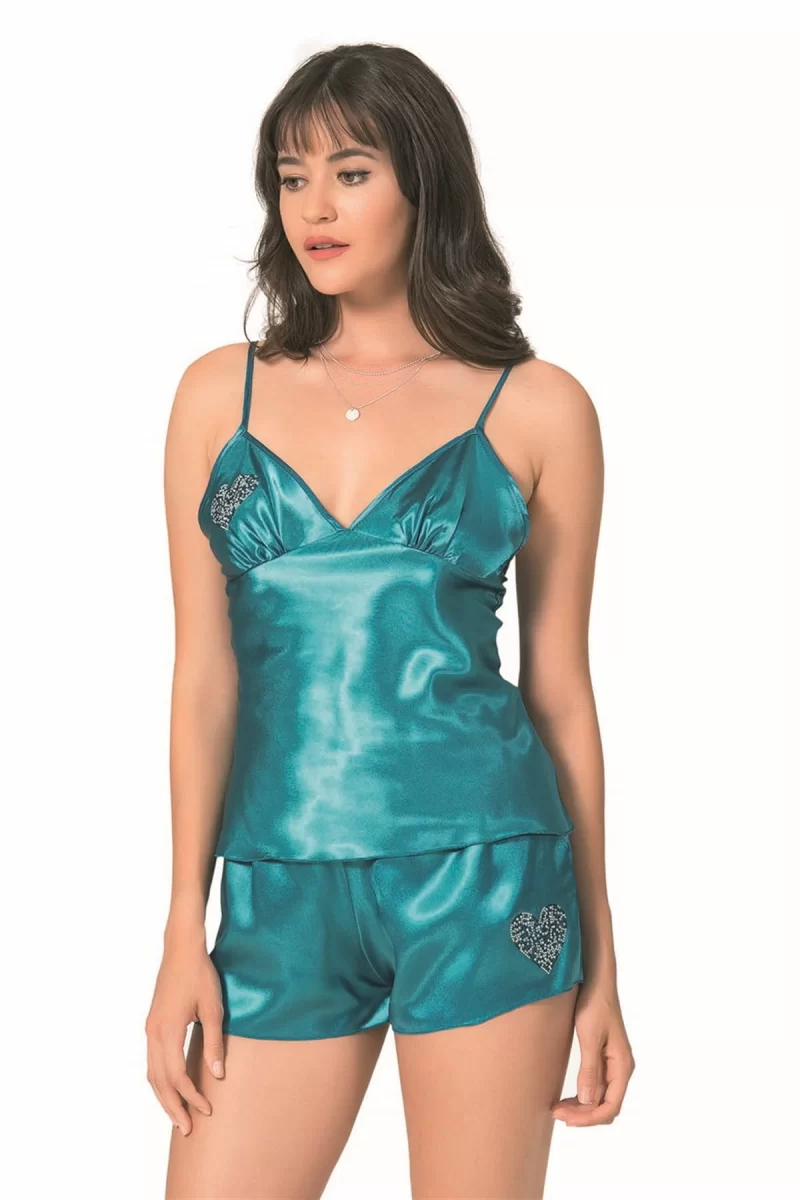 Petrol Saten Babydoll Şort Takımı