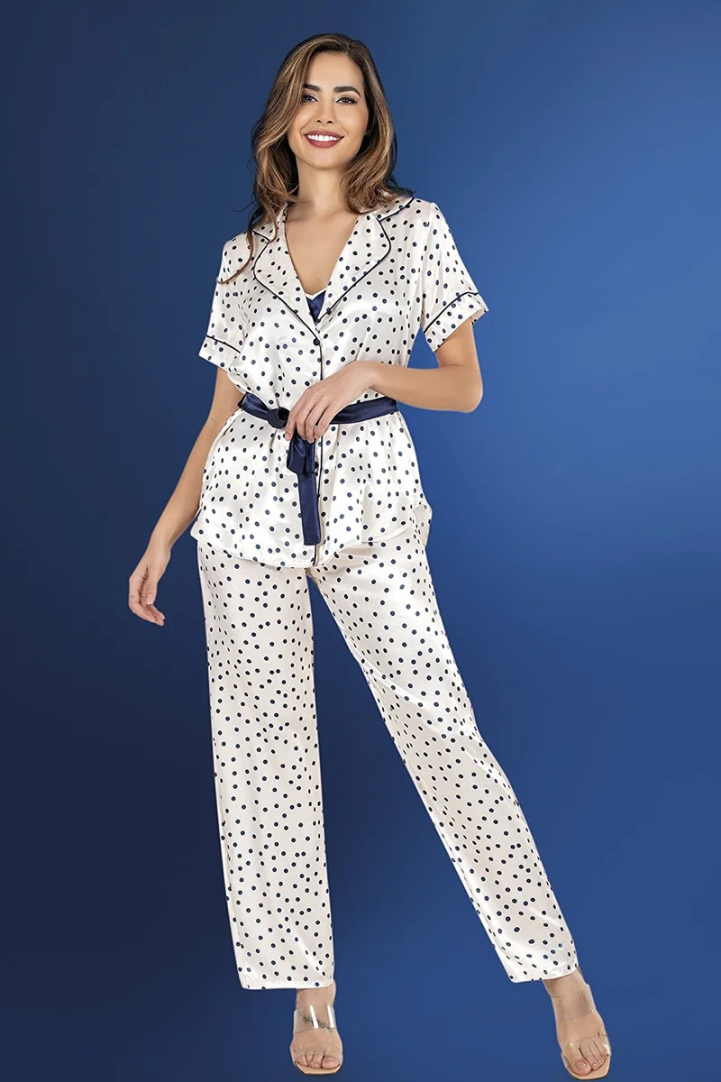 Puantiyeli Saten 3'lü Ekru Pijama Takımı