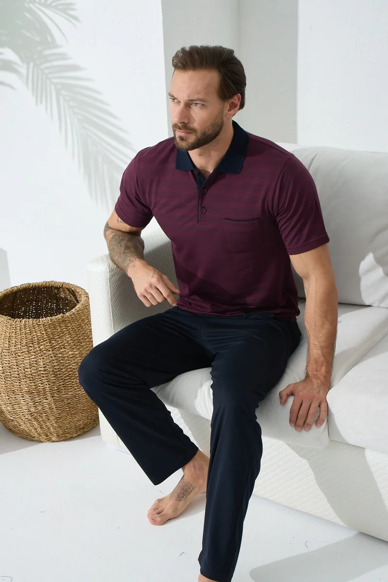 9064 Erkek  Polo Yaka Kısa Kol Pijama Takım