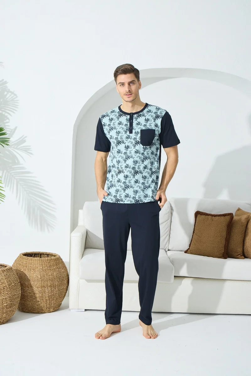 9509 Erkek  Yaka Reçme Kısa Kol Pijama Takım