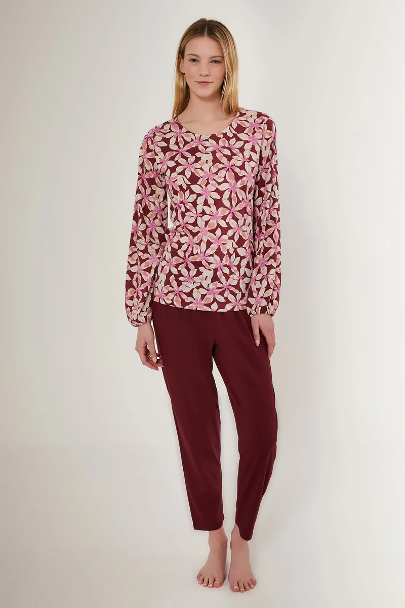 2639-S Çiçek Desenli Kadın Uzun Kollu Pijama Takımı