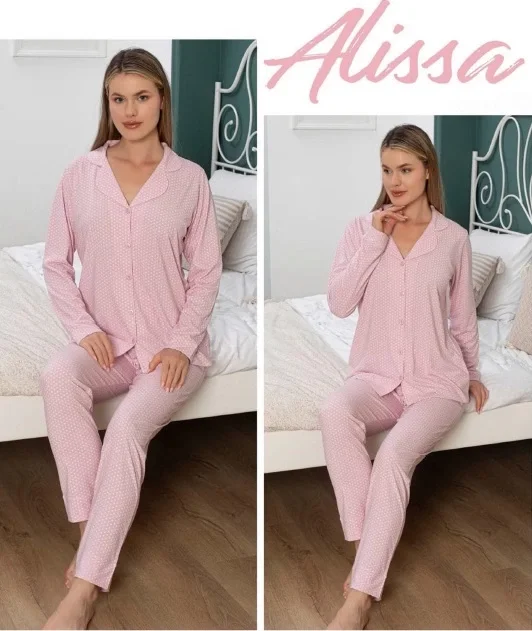 Alissa 6139 Kadın Pembe Uzun Kol Patlı Pijama Takımı