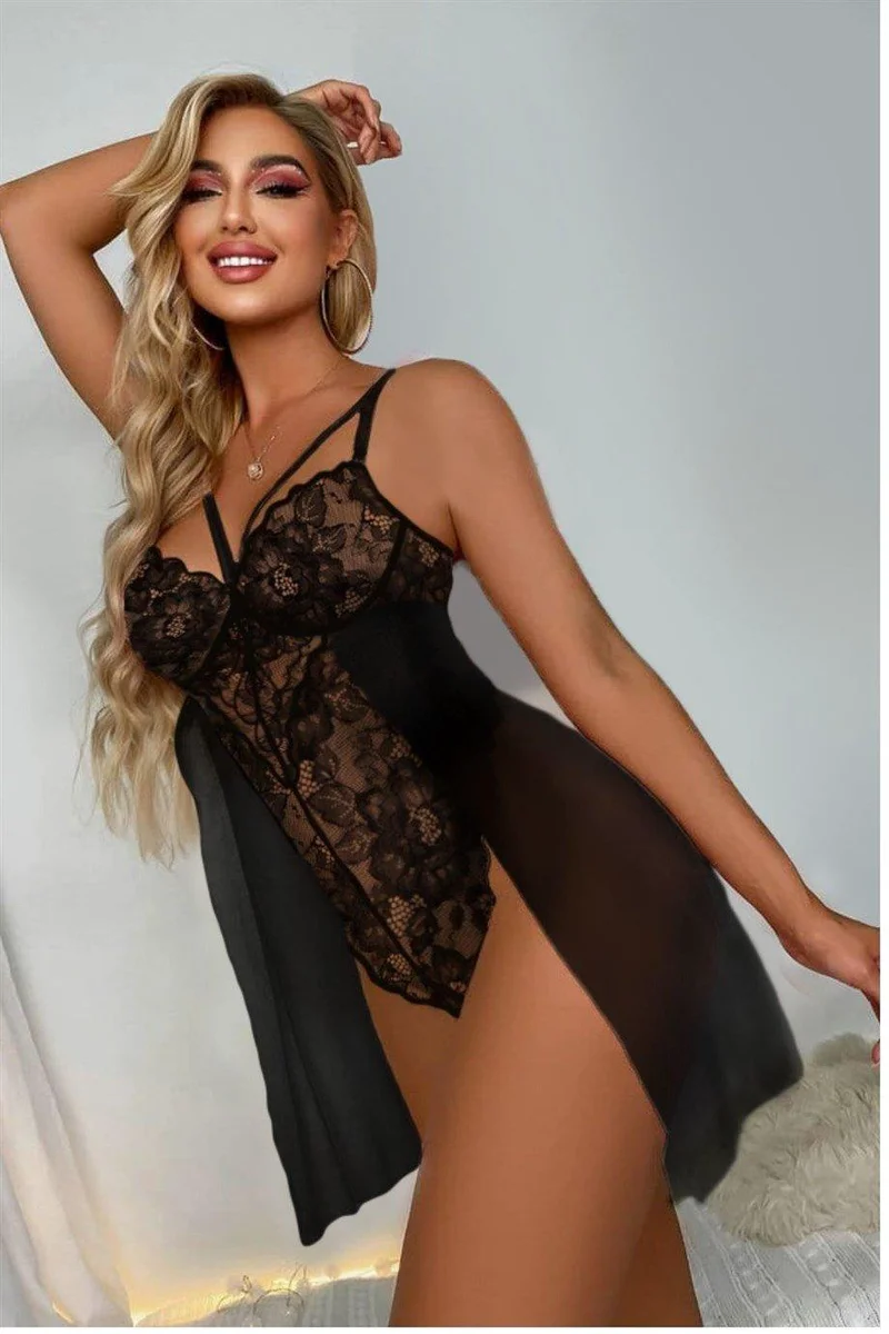  Siyah Özel Bölgesi Açık Babydoll Gecelik 15035