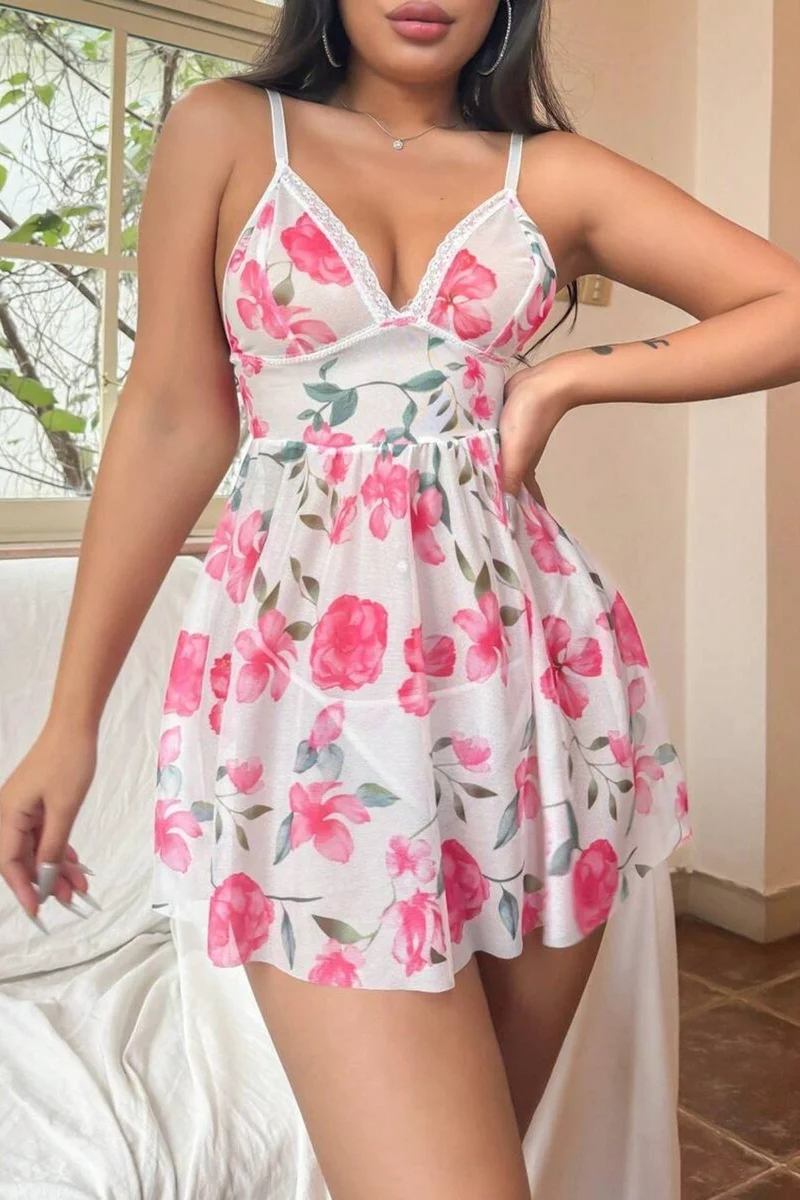 Pembe Çiçek Desenli Dantel Detaylı Gecelik 15706