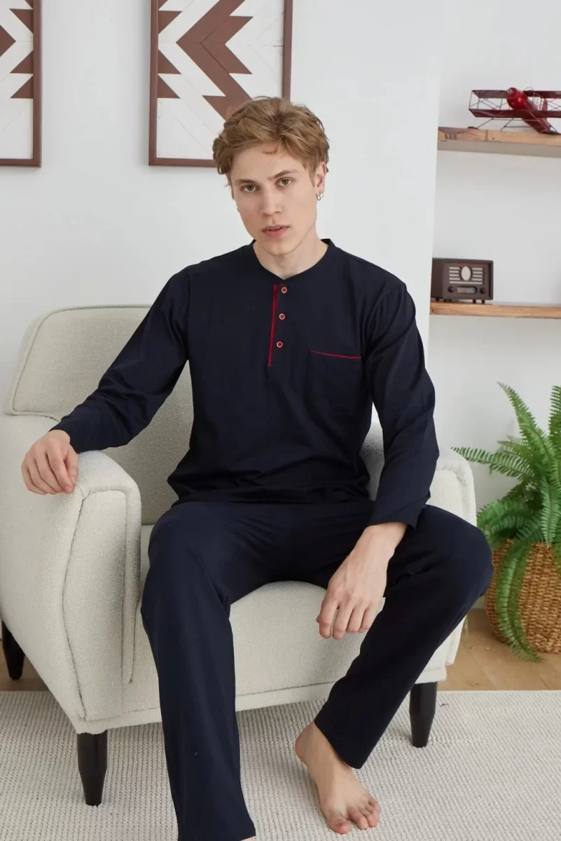 Erkek 9111 Battal  Erkek   Midi Yaka Pijama Takımı