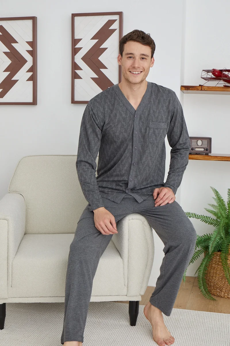 Erkek 9252 Erkek   V Yaka Boydan Düğmeli Pijama Takımı