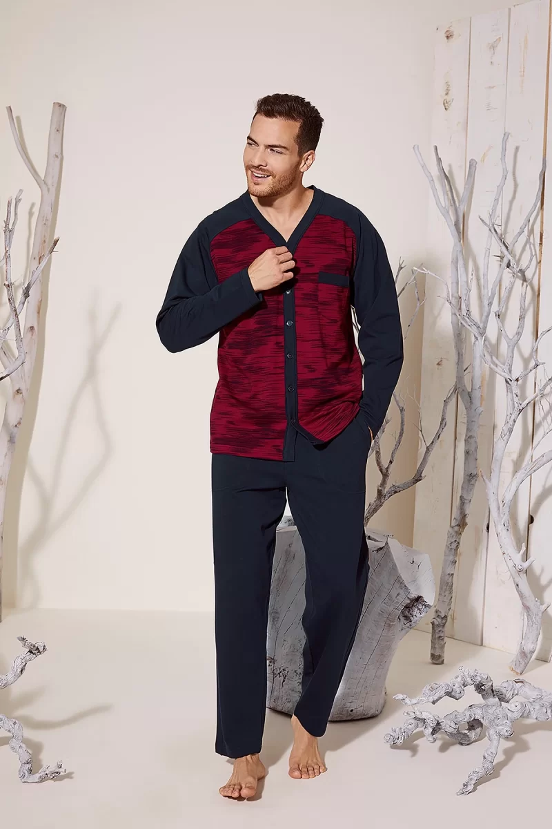 Erkek 8025 Erkek   V Yaka Boydan Düğmeli Pijama Takımı