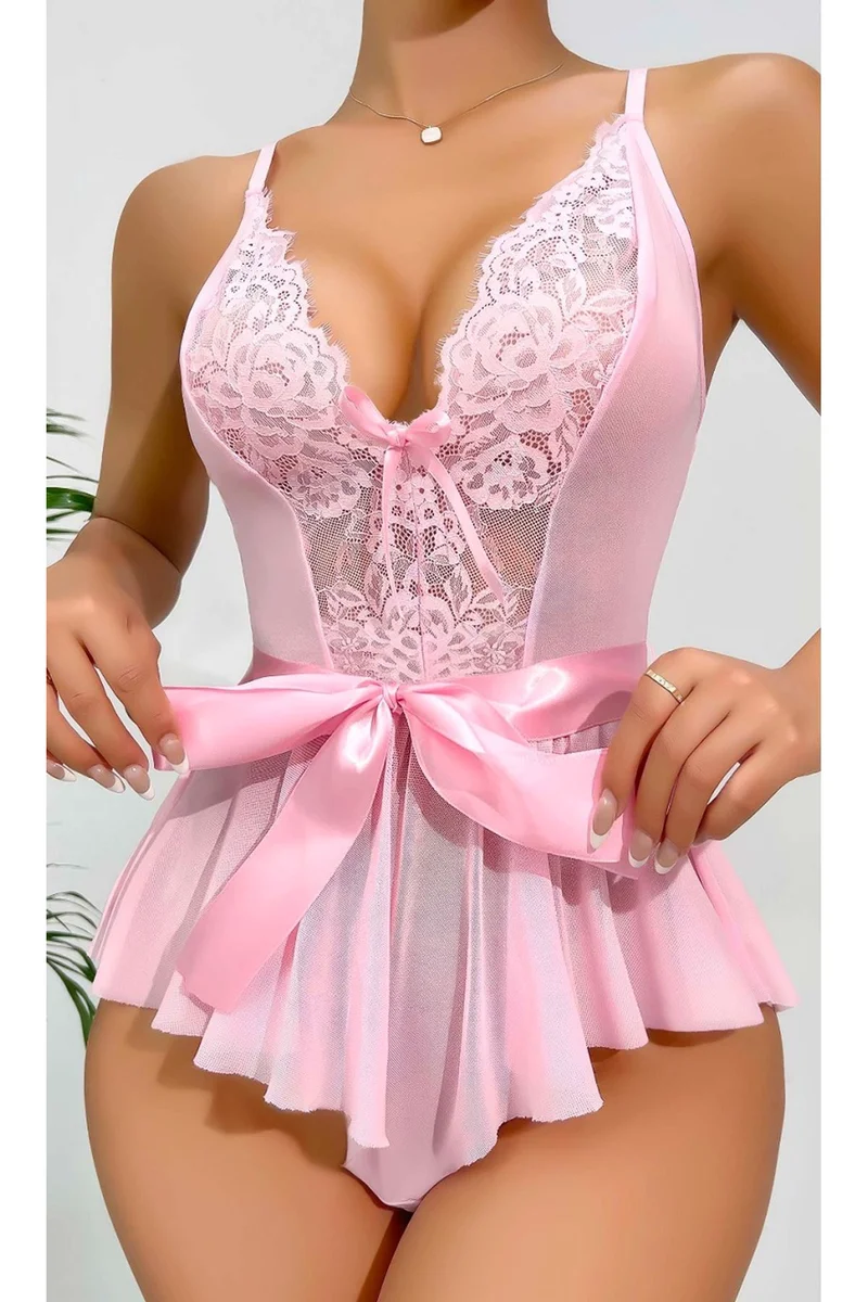 Kadın Pembe Kurdeleli Tül Babydoll Seksi Fantezi Gecelik