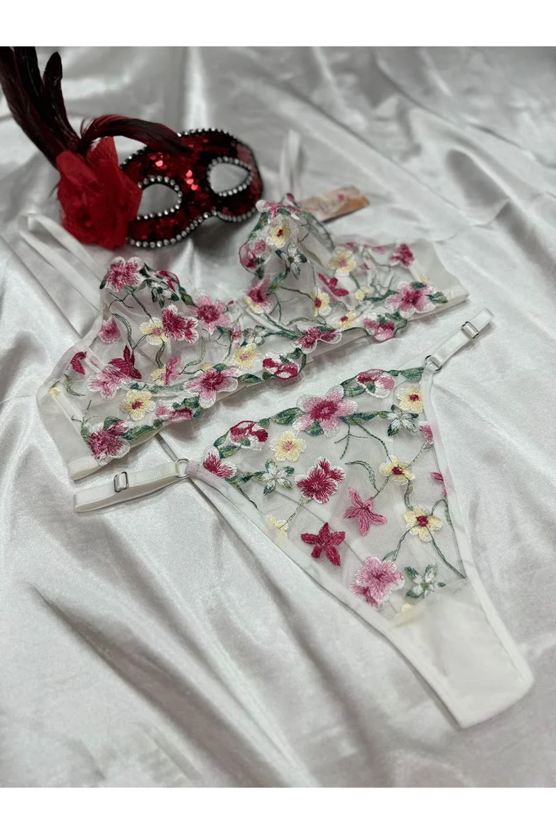 Kadın Seksi Ekru Çiçek Desenli Brode Bralet Ve Külot Takımı Dantelli Sütyen Takım