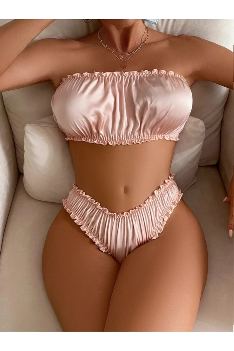 Pileli Saten Pembe Pudra Set Fantazi Gece Kostümü