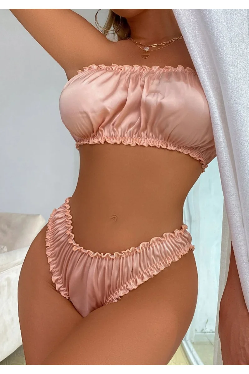 Pileli Saten Pembe Pudra Set Fantazi Gece Kostümü