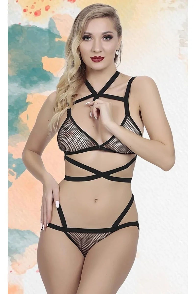 Kadın Sütyen Külot Fileli Seksi Takım Çeyiz Gecelik