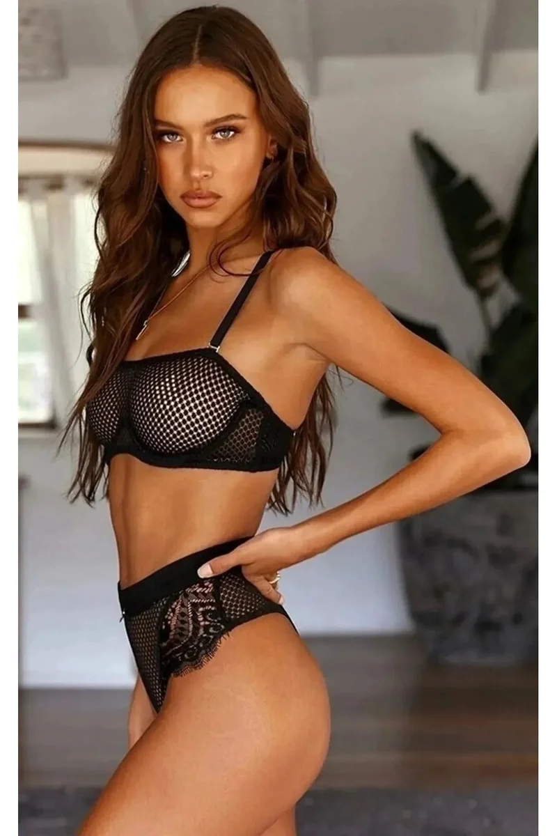 Kadın Seksi Siyah Dantel Crop Külot Özel Gece Giyim Fantazi Takım Çeyiz Gecelik