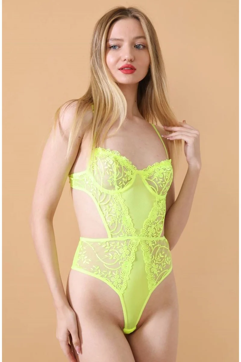 Kadın Neon Sarı Transparan Dantel Detaylı Bodysuit Seksi Brode İç Çamaşırı