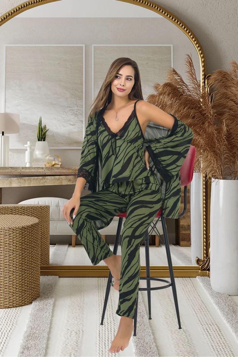 Kadın Seksi Çizgi Desenli Yeşil Askılı Pijama Ve Sabahlık Takımı 3 Parça Alt Üst Gecelik Takım