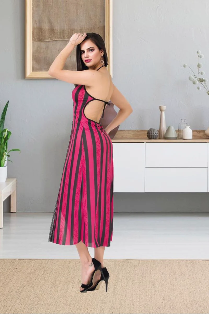 Kadın Pembe Seksi Çizgili Uzun Gecelik Ve Tanga Takımı Sırt Dekolteli Fantezi Gecelik Takım