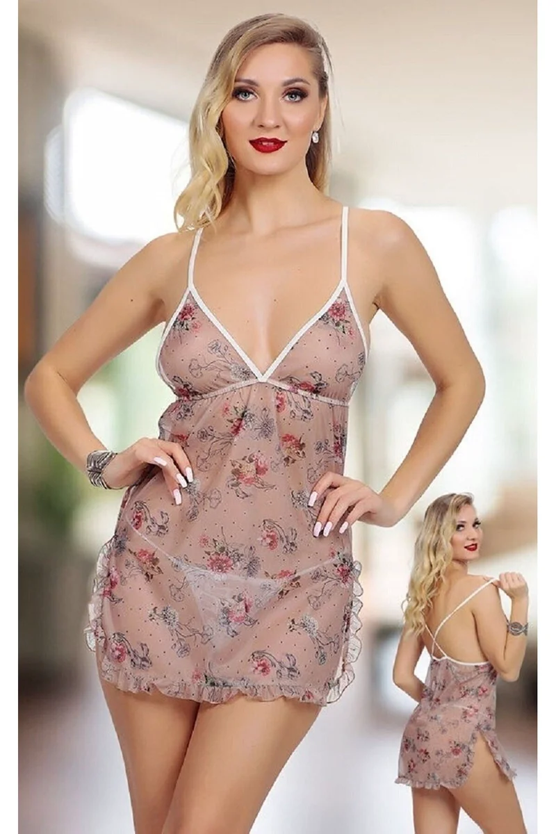 Kadın Baskılı Tül Transparan Pembe Seksi Gecelik