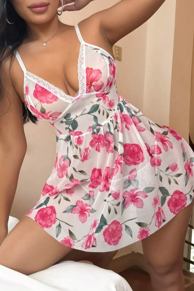 Pembe Çiçek Desenli Dantel Detaylı Gecelik 66806