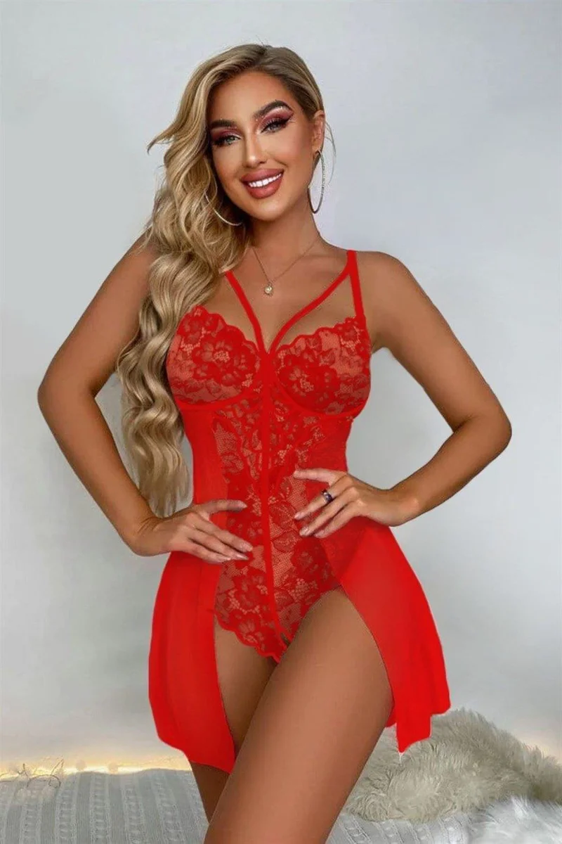 Kırmızı Özel Bölgesi Açık Babydoll Gecelik 66064