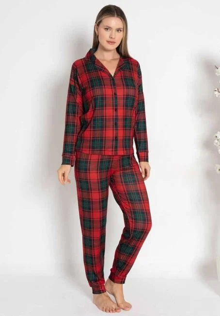 Estiva 24494 Bayan Termal Önü Düğmeli Ekoseli Pijama Takımı