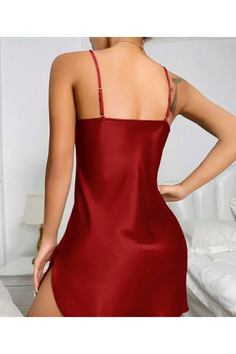 Kadın Seksi Kırmızı Saten Rahat Gecelik