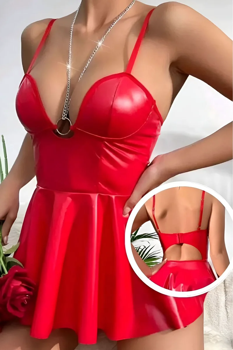 Kadın Seksi Kırmızı Zincir Detaylı Etekli Mini Lame Deri Elbise