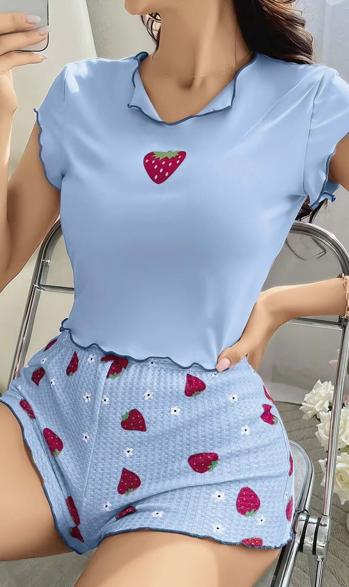 Kadın Çilek Desenli Bebe Mavi Seksi Gecelik Takım