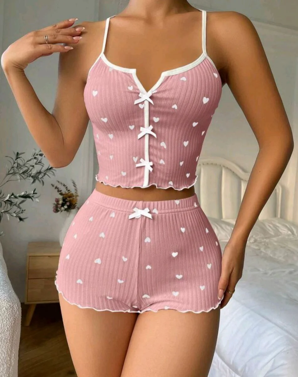 Kadın Pudra Kalpli Seksi Gecelik Takım
