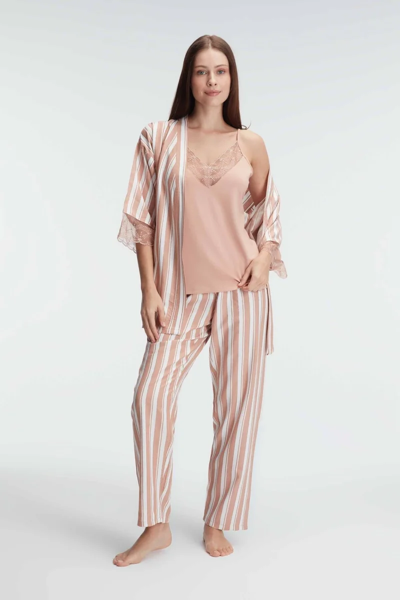Anıl 5821 İp Askılı V Yaka Kadın Viskon Çizgili Desenli Yazlık Örme Sabahlıklı Pijama Takım