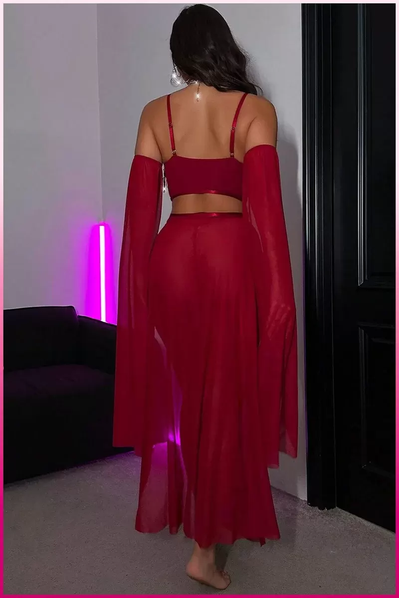 Bordo Pul Aksesuarlı Tül Etekli Kadın Seksi Gecelik