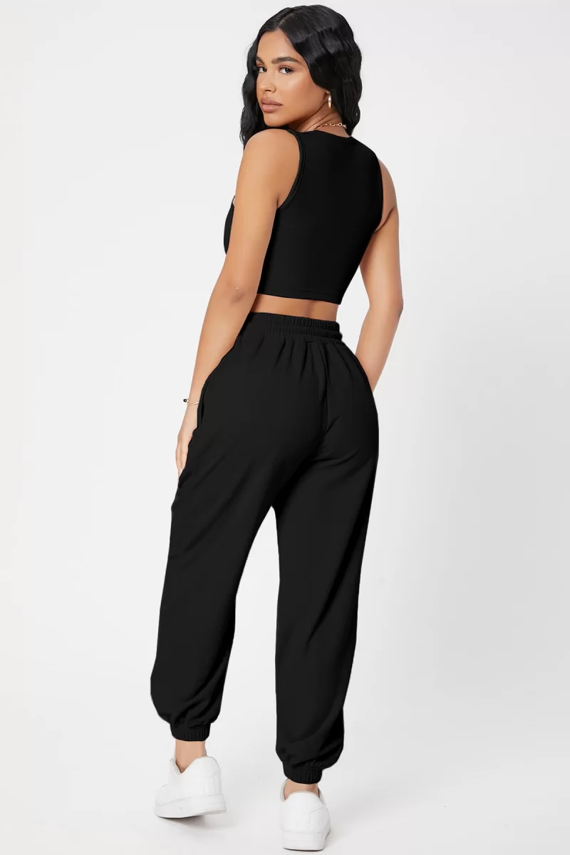 Kadın Siyah Kaşkorse Cepli Jogger Eşofman Altı ve Crop Top Bluz