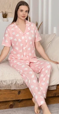 Alissa 6305 Kadın Kalp Desenli Patlı Pijama Takımı