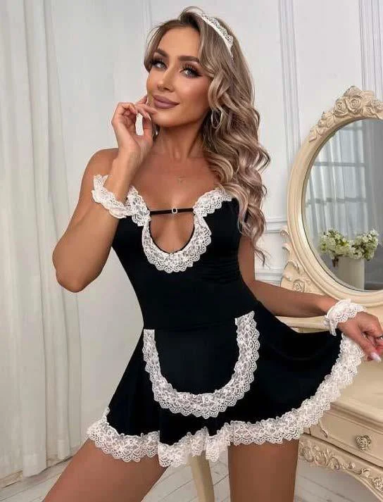 Siyah Beyaz Aksesuarlı Dantelli Fantezi Hizmetçi Kostümü